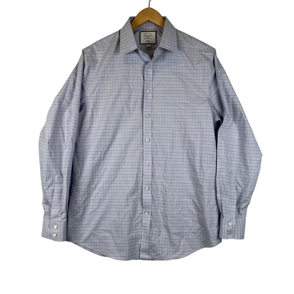 Charles Tyrwhitt Blue Pink‎ Mens 16.5-36 Plaid Non-Iron Slim Fit Dress Shirt